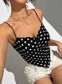 SHEIN EZwear Polka Dot Knitted Asymmetrical Women's Casual Tank Top With Spaghetti Straps - Black and White - View 3