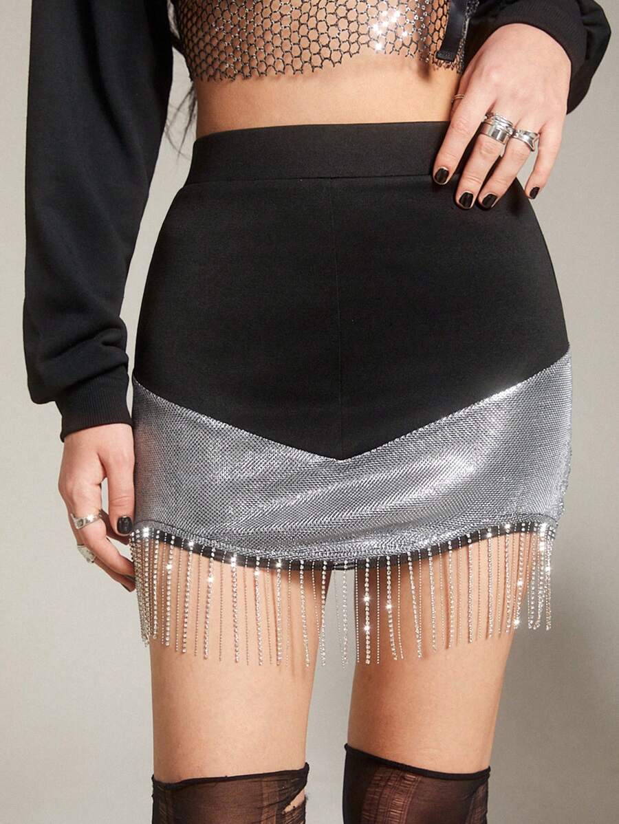SHEINNeu Của phụ nữ Sành điệu Liên hoan âm nhạc Sọc Váy Với Đồ trang trí Rhinestone - màu đen - Xem 1