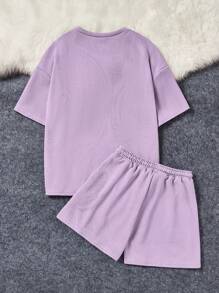 SHEIN Ensemble T-shirt À Manches Courtes Et Short Décontracté Pour Filles Avec Encolure Côtelée En Tricot Et Motif Imprimé De Lettres, Coupe Ample.