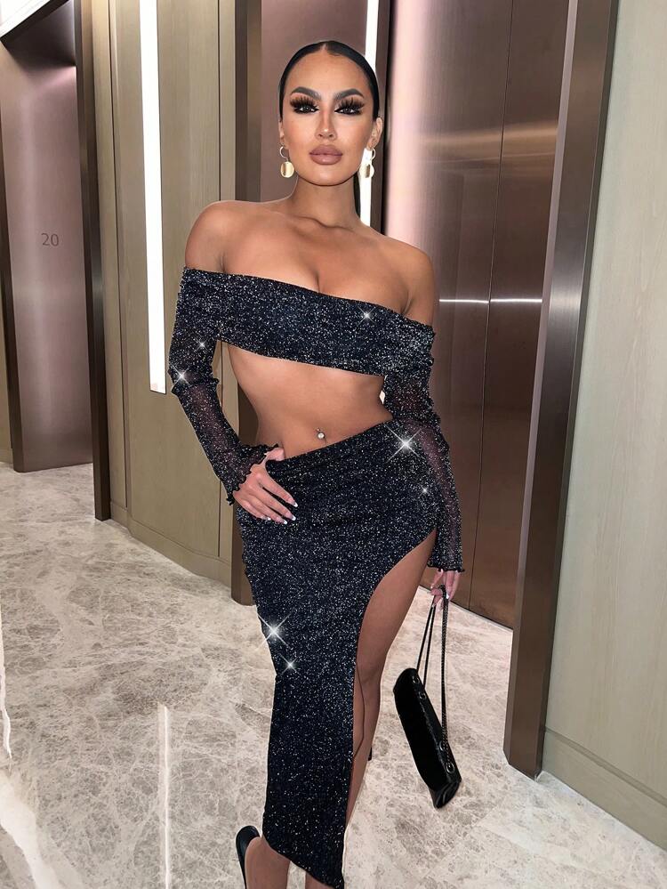 Ladies' Sexy Sparkling Top With High Slit Skirt 2pcs Suit, Perfect For Parties