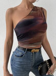 Firerie One Shoulder Random Tie-Dye Slim Fit Bodysuit - Multicolor - View 6