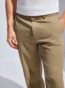 Manfinity Homme Men's Casual Straight-Leg Suit Pants With Diagonal Pockets - Khaki - View 4