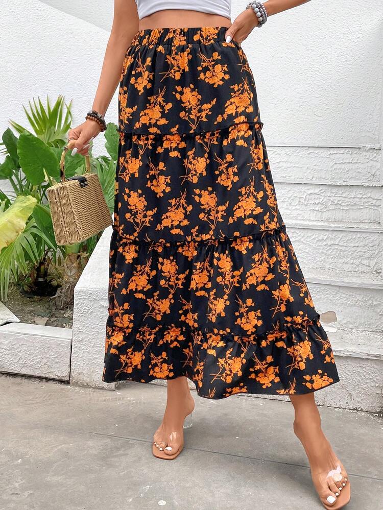 Allover Floral Print Tiered Hem Skirt