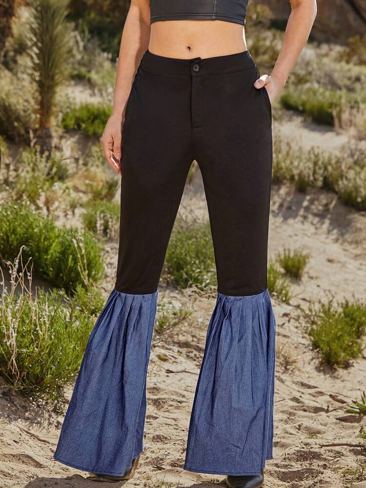 Fashion Colorblock Pleated Flare Leg Pants