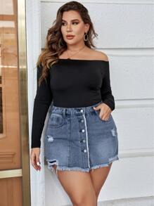 SHEIN Frenchy Plus Size Women's Fashionable Button Design Ripped Denim Shorts - Dark Wash - View 4