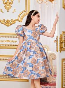 SHEIN Locker Geschnittenes, Locker Geschnittenes, Lässiges Kleid Mit Blumenmuster Für Mädchen Von Tween Mit Quadratischem Ausschnitt Und Puffärmeln - Blau - Übersicht 5