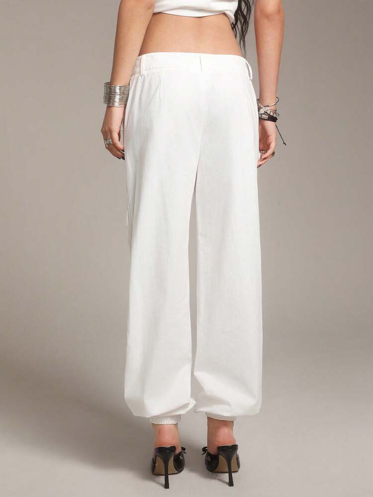 Ladies' Solid Color Y2k Style Jogger Pants With Pocket Detail, Suitable For Summer
