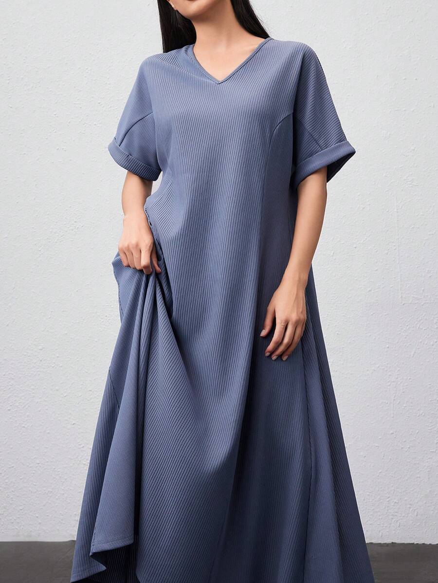 Seusyu Ladies' Solid Color Batwing Sleeve Dress - Dusty Blue - View 1