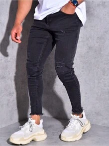 Men's Frayed Edge Slim-Fit Cropped Jeans - Black - View 3