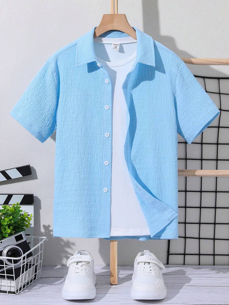 SHEIN Tween Boy Loose Fit Casual Solid Texture Turn-Down Collar Woven Short Sleeve Shirt, Suitable For Summer