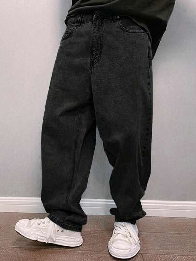 Claim Dot Loose Fit Men's Solid Color Denim Jeans With Slanted Pockets