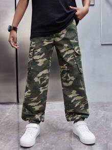 SHEIN Calça Denim Cargo de Algodão para Menino Adolescente, em modelo folgado de perna reta com padrão camuflado, para Roupas de Meninos Adolescentes de Primavera e Verão