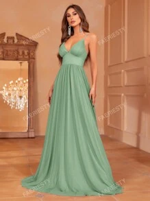 Faeriesty Solid Plunging Neck Sleeveless Cami Dress Elegant Bridesmaid Dress