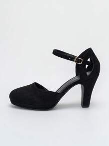 1 Pair Buckle Strap Chunky Heel Pumps, Solid Color Commuting Versatile Professional Party Formal Elegant Closed Toe Shoes For Women - Black - View 4