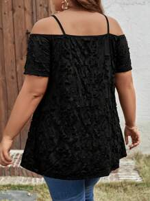SHEIN LUNE Plus Size Women's Knitted Cami Cold Shoulder Jacquard T-Shirt - Black - View 2