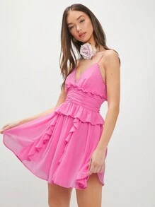 Enchnt Women's Solid Color Ruffle Trim Pleated Empire Waist Strap Dress - Pink - View 3