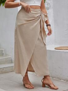 SHEIN VCAY Fusta cu bowknot în stil Wrap - Caisă - Vizualizare 4