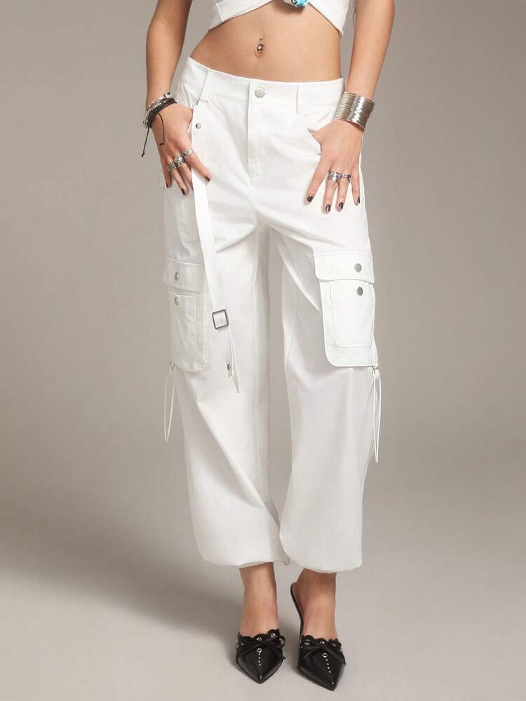 Ladies' Solid Color Y2k Style Jogger Pants With Pocket Detail, Suitable For Summer