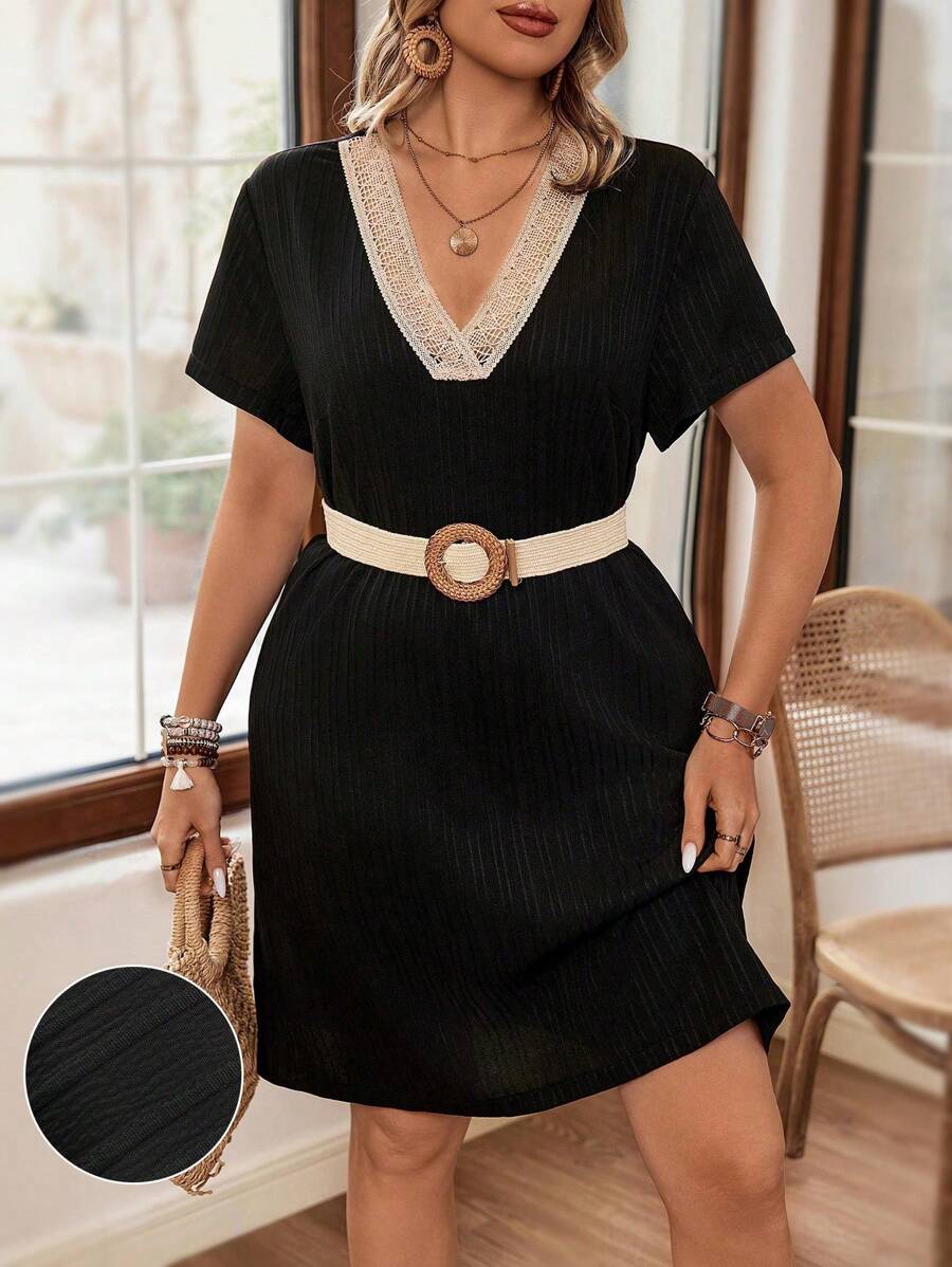 SHEIN Holidaya 優雅的v領寬鬆腹部遮蓋裙 - 黑色 - 查看 1