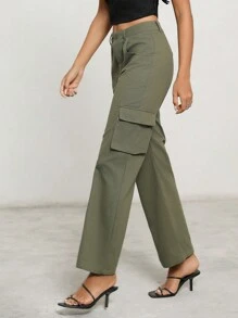 Anewsta Ladies Solid Color Cargo Pocket Straight-Leg Pants - Green - View 4