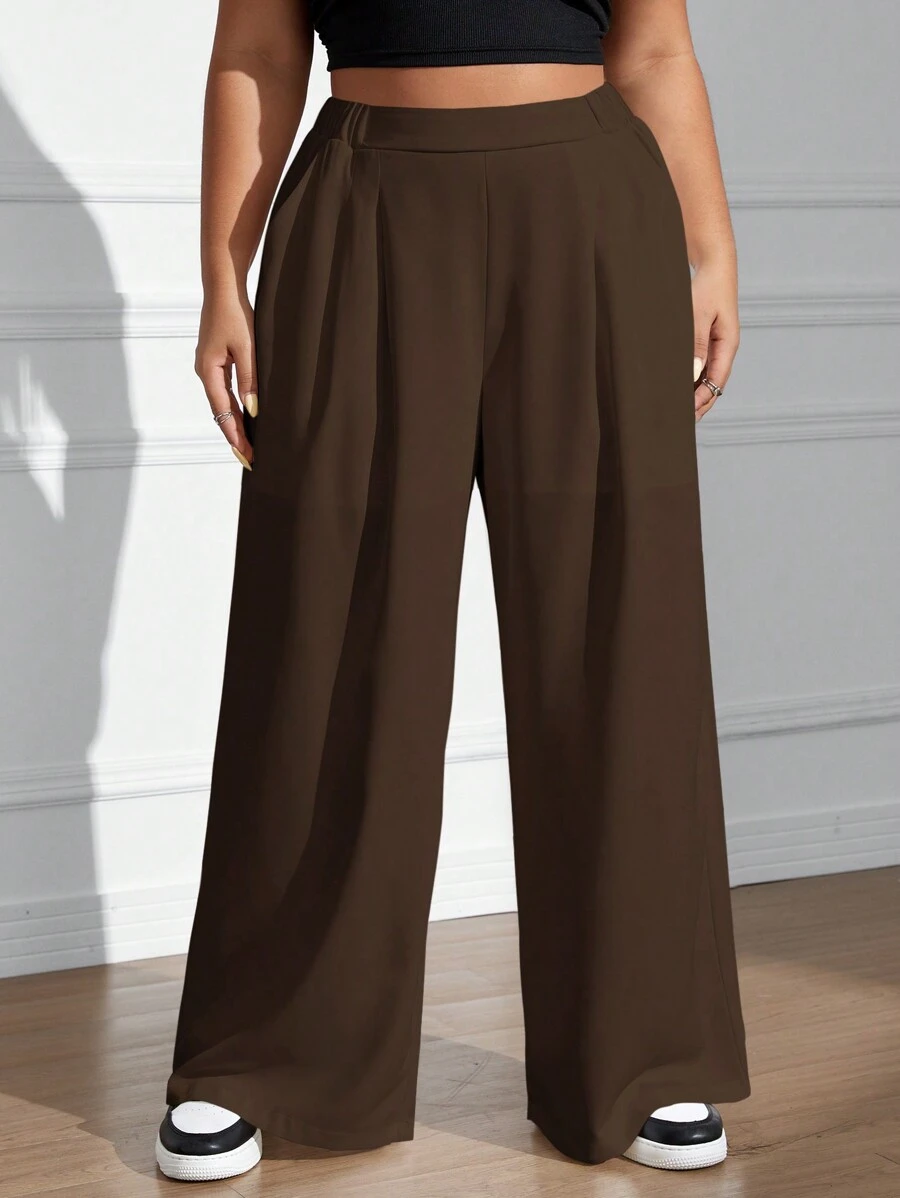 SHEIN EZwear 大尺碼女士實色百褶寬腿褲,配有口袋 - 紫紅色 - 查看 1