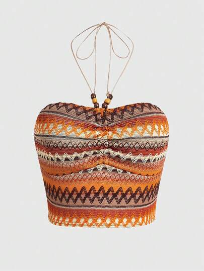 ROMWE Hippie Chevron Print Beaded Detail Halter Top
