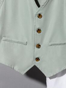 SHEIN 3 Piezas/ Conjunto Camisa De Manga Corta Con Cuello De Solapa, Chaleco Y Pantalones Cortos Sólidos De Niño Preadolescente Con Estilo Caballero
