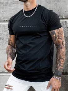 Manfinity Homme Men Letter Printed Casual Short Sleeve T-Shirt, Going Out, For Husband - Black - View 1