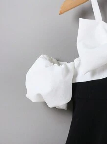 SHEIN Young Girl Cold Shoulder Puff Sleeve Dress With Bow, Black & White Party & Travel & Performance Hostess Dress,Holiday,Summer,Travel