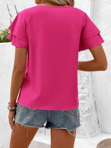EMERY ROSE Solid Color Round Neck Ruffle Trim Blouse,Short Sleeve Tops - Hot Pink - View 2