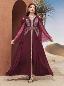 Al Najma Burgundy Red Turkish Long Shirt & Arabic Traditional Long Shirt Kaftan Jalabiya Dress - Burgundy - View 4