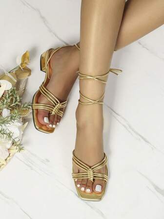 女士休闲时尚/派对/沙滩风格橙色系带编织平底凉鞋