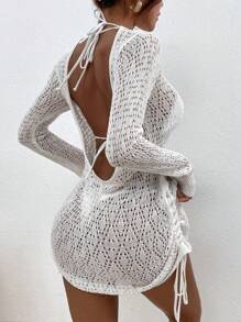 SHEIN Swim Ladies' Hollow Out Solid Color Cover Up,Summer Beach - White - View 2