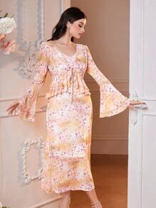 Modelyn Women'S Floral Printed Ruffle Hem Top And Spaghetti Strap Dress Set 2 Piece Set - Yellow - View 3