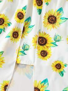 SHEIN Young Girl Sunflower Print Neckline Dress For Vacation - Yellow - View 3