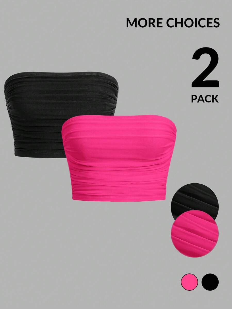 SHEIN EZwear 2 件装纯色褶皱针织露肩上衣 - 玫紅色 - 查看 1