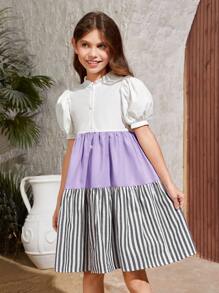 SHEIN Tween Girl Woven Striped Button Detail Vacation Mini Dress