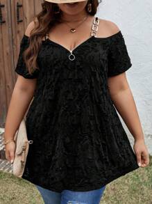 SHEIN LUNE Plus Size Women's Knitted Cami Cold Shoulder Jacquard T-Shirt - Black - View 6