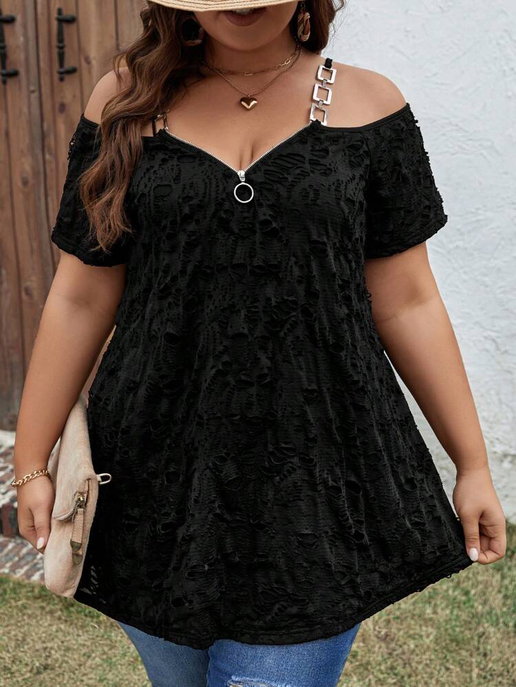 Plus Size Women's Knitted Cami Cold Shoulder Jacquard T-Shirt
