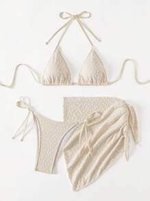 SHEIN Swim Conjunto de bikini de 3 piezas con textura y cuello de halter para mujer de verano - Beis - Ver 8