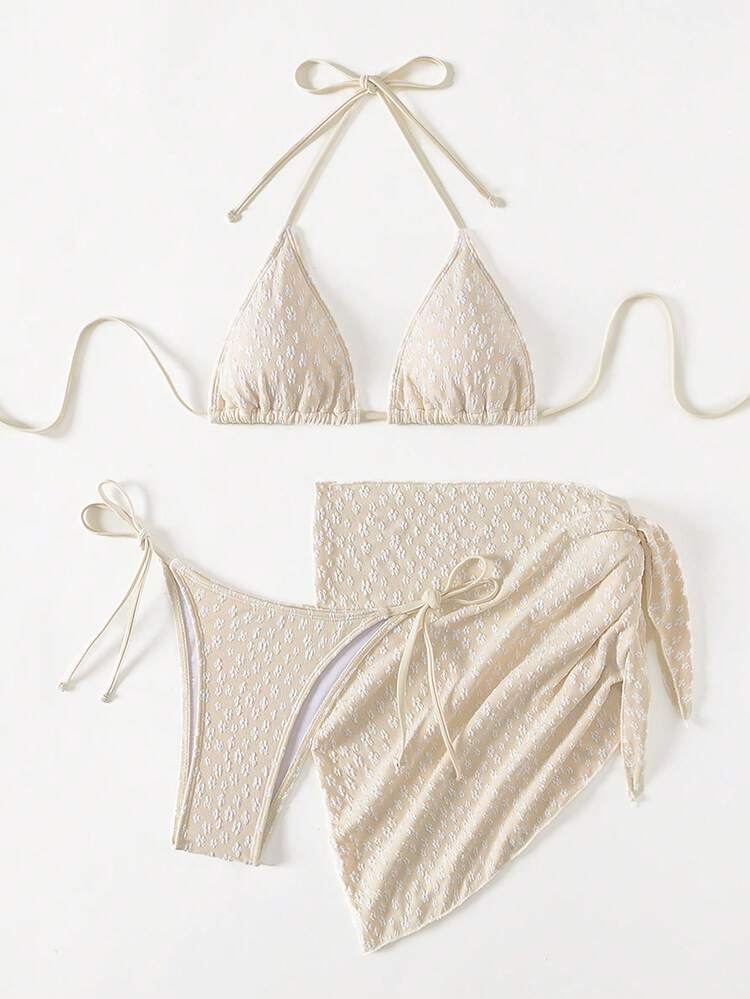 Summer 3pcs/Set Women'S Textured Halter Neck Bikini Set