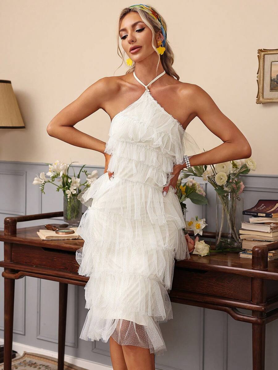 GENKIRA Solid Color Mesh Ruffle Halterneck Dress - Beige - View 1