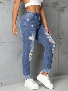 Ladies' Slim Fit Jeans With Pockets And Distressed Details - Blue - View 4
