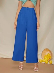 SHEIN VCAY Women's Fashionable Summer Solid Color Wide Leg Pants, Versatile - Royal Blue - View 1