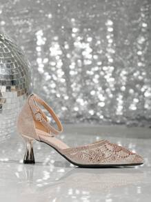 2024女士春夏新款激光切割鑲有水鑽裝飾防滑舒適中空高跟踝帶鞋，適用於女性 - 香檳色 - 查看 4