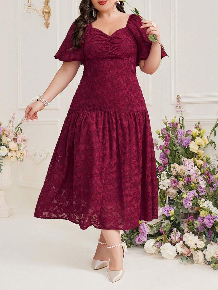 Burgundy Red Plus Size Women's Short Puff Sleeve Sweetheart Neckline Dress Long Evening Dresses