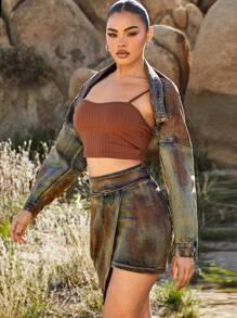 Denimoi Drop Shoulder Open Front Bolero Crop Denim Jacket - Medium Wash - View 5