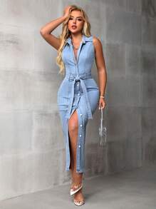 SHEIN SXY Button-Front Sleeveless Bodycon Denim Dress - Light Wash - View 2