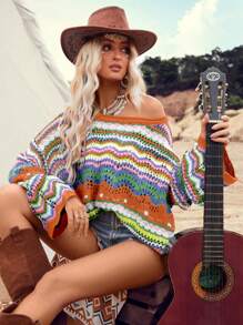 SHEIN LUNE Suéter Con Hombros Caídos Y Estampado De Ondas De Colores Para Mujer, Perfecto Para Vacaciones