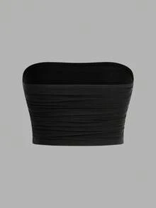 SHEIN EZwear 2 件装纯色褶皱针织露肩上衣 - 玫紅色 - 查看 6